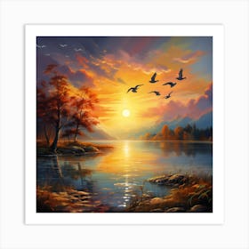 Sunset With Birds Art Print