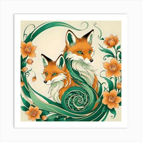 Two Foxes Between Orange Flowers and Green Spirals Art Print