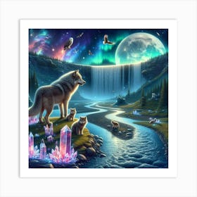 Wolf Family by Crystal Waterfall Under Full Moon and Aurora Borealis Magic Art Print