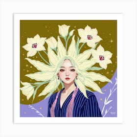 Korean Girl With Flowers Art Print