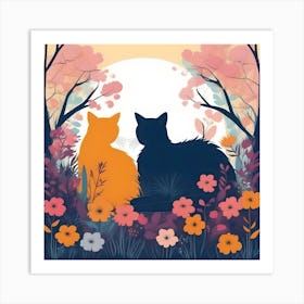 Silhouettes Of Cats In The Garden In The Day, Blue And Orange Art Print