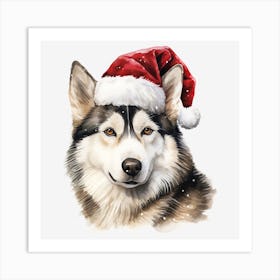 Husky Christmas Hat Art Print