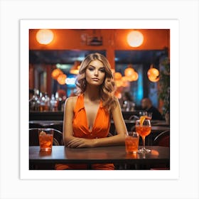 Beautiful Woman In Orange Dress Sitting At The Bar Art Print