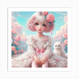 Little Girl With Pink Roses 1 Art Print