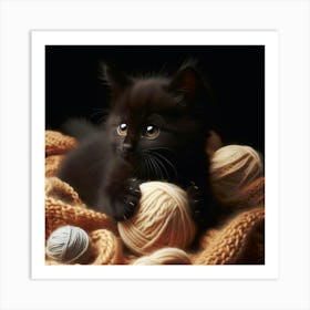 Black Kitten With Balls Of Yarn Art Print