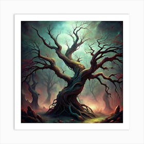 A Twisted, Bare Tree In A Misty Forest Art Print