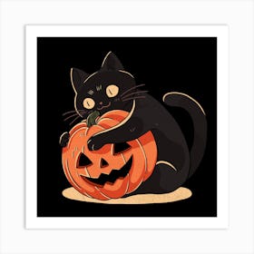 Pumpkin Embrace Black cat Art Print