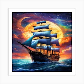 Ship In The Moonlight Art Print