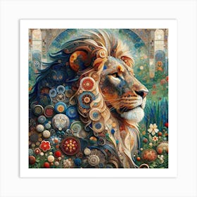 Lion in the Style of Collage-inspired Art Print