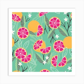 Grapefruit Pattern With Florals And Branches On Green Square Art Print