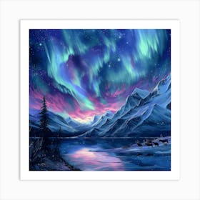 Lake Aurora Borealis Nature Landscape Moutains Stars Scenic Northern Lights Painting Digital Art Art Print