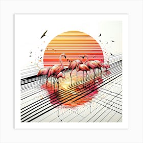 Flamingos in Lake - Abstract Line Art Illustration 46 Art Print