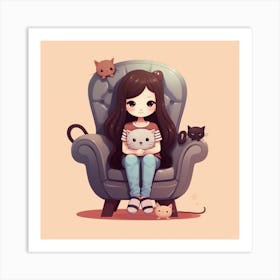 Cute Girl With Cats Art Print