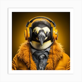 Penguin With Headphones Art Print