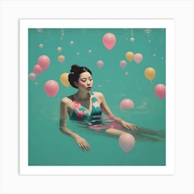 Asian Girl Floating In Water Art Print