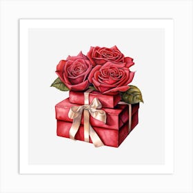 Red Roses In A Gift Box Art Print