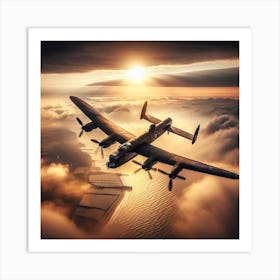 Lancaster Bomber flying through mist and clouds sun in background over dover 3/4 (ww2 World War 2 Pilot Flying Ace Sunset) Art Print