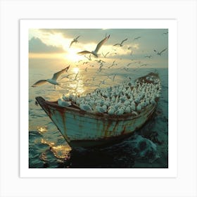 Seagulls On A Boat Art Print