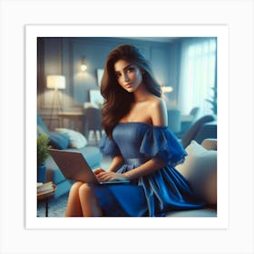 Beautiful Woman In Blue Dress Using Laptop 2 Art Print