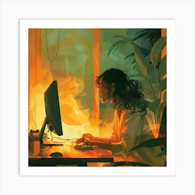 Girl Working On Computer Art Print