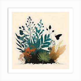 Botanical Illustration Silhouette, Turquoise, Brown, Green and Orange Art Print