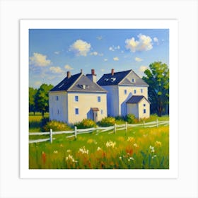 Calm Horizons A View of Elegant Buildings Two Houses In A Field Affiche