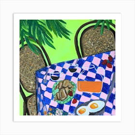 Breakfast under palm trees on bright green color Art Print