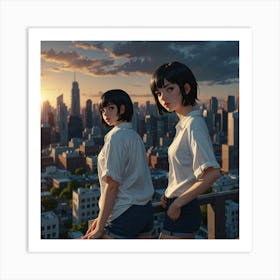 Two Girls On A Rooftop Art Print