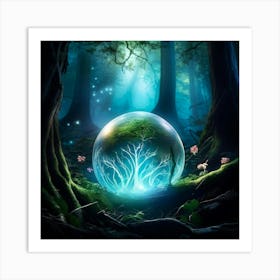 Magic Ball Radiating An Ethereal Glow Suspended Mid Air In An Enchanted Forest Filled With Towering Art Print