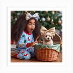 Little Girl With Puppy In Basket Art Print