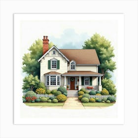 A Cozy English Home With A Front Porch And Well Tended Garden, Watercolor 1 Art Print