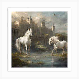 White Horses In A Castle Art Print