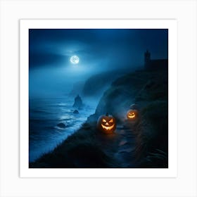 Ghostly Jack O Lanterns Glowing Eerily Beside A Winding Coastal Path Mist Hovering Over The Ocean (1) Art Print