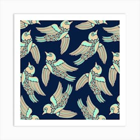 BIRDS FLYING HIGHER Cute Nature Wildlife in Mint Sand Midnight Blue Art Print