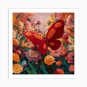 A captivating cinematic illustration featuring a stunning, vibrant acrylic felt paper butterfly perched gracefully atop an impasto painting. The painting, inspired by the artistic styles of Henri Matisse, Haley Josephes, Biruta Baumane, and Rafał Olbiński, brings to life a lush, vivid garden teeming with an exuberant array of blooming flowers. The rich, bold colors harmoniously blend complementary hues, creating a dazzling, eye-catching display. The overall atmosphere of the piece exudes a magical, whimsical charm while exuding an undeniable sense of power and strength, capturing the essence of nature's breathtaking beauty in a stunning, poster-worthy composition., cinematic, painting, poster, vibrant, illustration Art Print