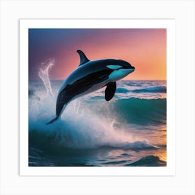 Orca Whale Jumping At Sunset 1 Art Print