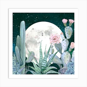 Desert Nights - Succulent Cactus Watercolor Collage Art Print