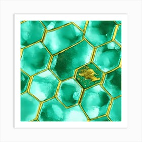 Emerald Hexagon Shabby Gold And Asian Painted Mixed Art Print