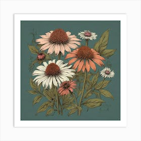 Echinacea Spices And Herbs Retro Drawing Art Print Art Print