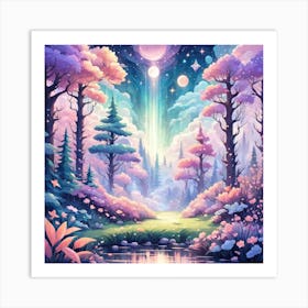 A Fantasy Forest With Twinkling Stars In Pastel Tone Square Composition 262 Art Print