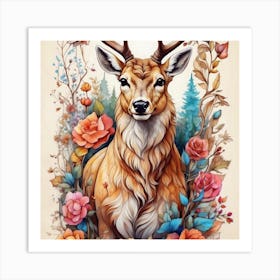 Deer With Roses Art Print