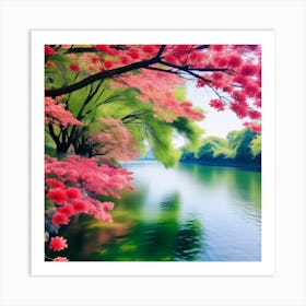 Cherry Blossoms By The River Art Print