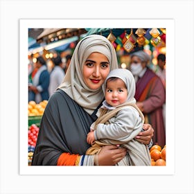 Muslim Woman Holding Baby In Market Art Print