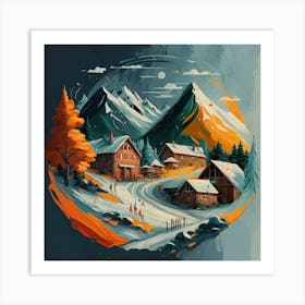 Abstract painting of a mountain village with snow falling 6 Art Print