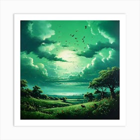 Green Landscape With Birds Art Print