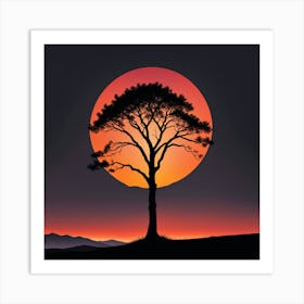 Silhouette Of A Tree At Sunset, A Minimalist Line Drawing Of A Lone Tree Silhouetted Against A Fiery Sunset 2 Art Print