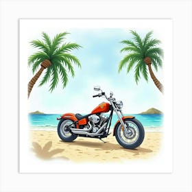 Chopper Bike On A Sandy Beach With Palm Trees Watercolor 1 Art Print