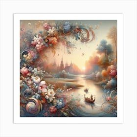 A wonderful painting of a castle with the sea and sailboats next to it 2 Art Print