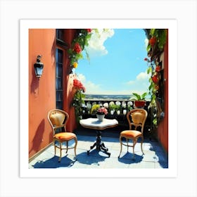 Balcony With table and chairs and vase of Flowers Art Print