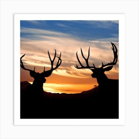 Silhouette Of Deer At Sunset Art Print